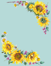 Watercolor Sunflowers Summer Vintage Wreath. Natural Yellow Floral Frame