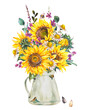Watercolor rustic farmhouse sunflower, wildflowers, meadow flowers bouquet