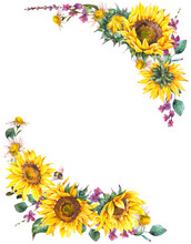 Watercolor Sunflowers Summer Vintage Wreath. Natural Yellow Floral Frame