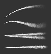 Airplane Chemtrails Or Plane Steam Jets And Smoke Trails Vector Realistic White Clouds. Airplane Contrail Or Spaceship Rocket Launch Smoke Trail Tracks And Smog Traces, Smoky Flow And Fog Vapor Tails