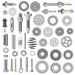 Industrial machines and vehicles vector spare parts. Vector bolts, nuts and anchors, springs and washers, car, motorcycle or bicycle transmission cog wheels, ball bearings and shock absorbers