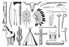 American Indians Culture Symbols. Thin Line Bow, Arrows And Quiver, Tomahawk Or Hatchet, Dreamcatcher And Buffalo Skull, Warbonnet, Rifle And Teepee, Totem, Canoe And Rifle, Knife, Sling And Horse