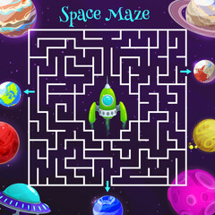 Poster - Cartoon space labyrinth maze game of vector kids education design. Puzzle game, riddle, quiz or test with square maze, help spaceship or shuttle to find right way to Earth and alien space planets