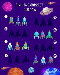Poster - Kids maze game with spaceship silhouettes on vector background with space planets. Education game, matching puzzle, riddle or attention test with cartoon spaceships, shuttles, planets and stars