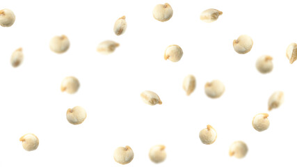 Many quinoa seeds falling on white background, banner design. Vegan diet