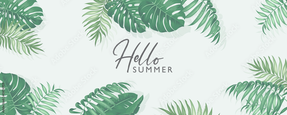 Minimalist summer banner design with tropical leaves theme - obrazy, fototapety, plakaty 