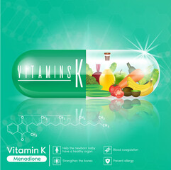 Capsules of Green vitamin K, fruits and vegetables that help maintain bones and blood clotting Beauty and health banner template. 3D vector EPS10