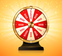 Golden Wheel Of Fortune For Lottery Game Or Casino. Chance To Win Prize In Lucky Roulette. Vector Realistic Illustration Of Gold Fortune Wheel With Money Numbers And Jackpot On Shiny Background