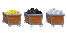 Set Wooden Mine Cart With Silver, Gold And Coal Ore, Minerals In Cartoon Style Isolated On White Background. Trolley, Retro Container. Ui Asset. 