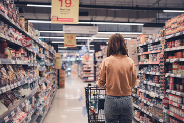 Fototapete - Female customer shopping at supermarket with trolley.