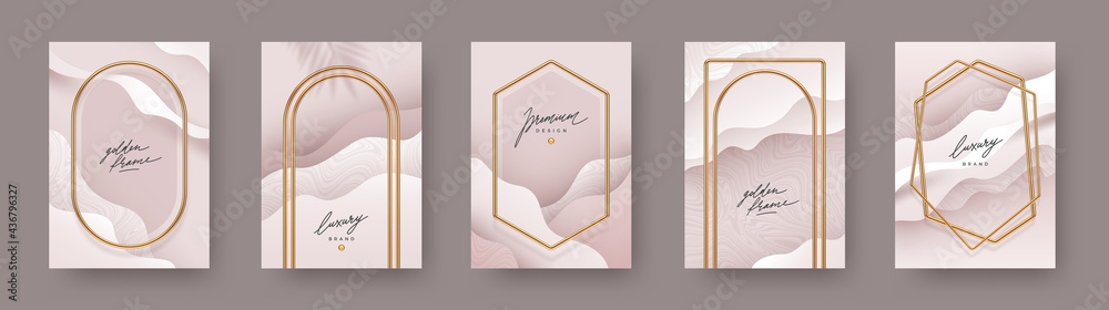 Set of abstract modern poster. Realistic golden frames and arches on fluid layered background. Elegant luxury design for poster, flyer, cover, postcard. Vector illustration. - obrazy, fototapety, plakaty 