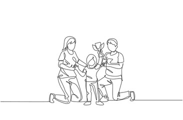 Wall Mural - Single continuous line drawing of little girl celebrate trophy victory with her parent after winning competition. Happy family parenting concept. Trendy one line draw design vector illustration