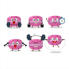 Sticker - A healthy strawberry macaron cartoon style trying some tools on Fitness center