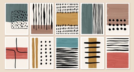 set of backgrounds with abstract geometric shapes, textures, lines, dots.