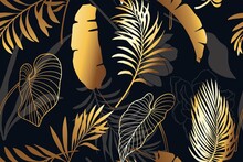 Luxury Black And Gold Seamless Pattern With Golden Exotic Leaves. Palm, Banana Leaves, Line Rt Flowers.