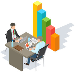 Poster - Visualize with business analytics. People work with statistical data analysis, changing indicators. Employees analyze statistical indicators, business data. Characters work with marketing research