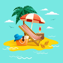 Summer Holiday Beach Vacation. Beach Chair, Umbrella, Coconut Tree ,beach Bag Hat And Flip-flops On Beach.