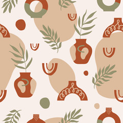 Poster - Trendy abstract seamless pattern with plants, vase and organic various doodle shapes on pastel background. Vector illustration in boho style	