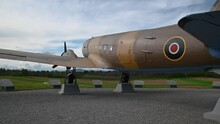 Decommissioned Aeroplane, A Memorial To Partizans And Their Help To Allied Air Forces During WWII. Aircraft Exhibit In Slovenia. Wide Angle, Right Pan
