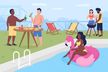 Poster - Swimming pool party flat color vector illustration. Summer party in backyard. Friends and family meeting outdoor. Summer gathering. Resting teens 2D cartoon faceless characters with pool on background