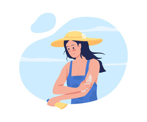 Poster - girl applying sunscreen lotion on arms 2d vector isolated illustration. skincare routine. young woma