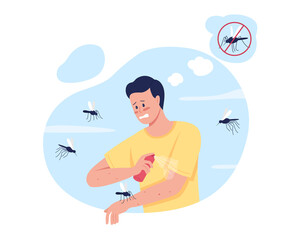 Aufkleber - keeping mosquitoes away while summer camping 2d vector isolated illustration. insect repellent use. 