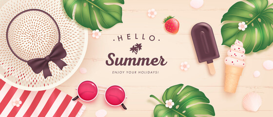 Vector summer poster or banner with realistic sunglasses, hat, ice cream, tropical leaf and flowers on wooden background