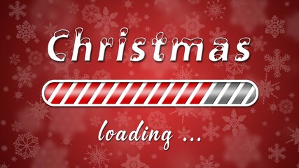 Fototapete - Christmas loading greeting card - white lettering and loading bar on red background with blurred snowflakes - 3D Illustration