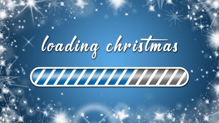 Fototapete - Loading christmas greeting card - white lettering and loading bar on blue background framed with white snow flakes and ice stars - 3D Illustration