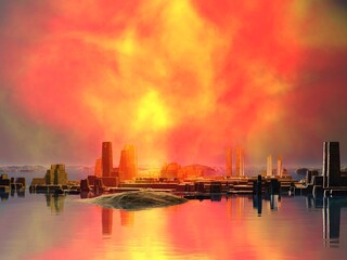 Wall Mural - Inspirational and beautiful 3D landscape with fire in the sky