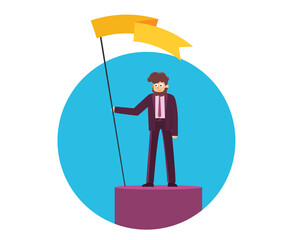 Wall Mural - Businessman holds flag stand on top of mountain celebrating success. Vector illustration flat