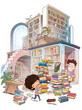 Illustration of boy in the library with many books