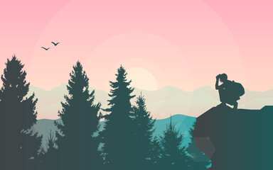 Wall Mural - A guy squats on top of a mountain and looks through binoculars. Flat illustration. Travel concept of discovering, exploring and observing nature. Hiking. Adventure tourism. Polygonal realistic design.