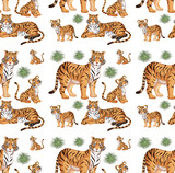 Fototapeta Koty - Seamless pattern with wild tiger in many poses on white background
