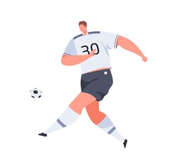 Wall Mural - Football player running and kicking ball with foot. Professional athlete in uniform and boots playing soccer. Male footballer training. Colored flat vector illustration isolated on white background