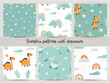 Set of seamless patterns with cute dinosaurs