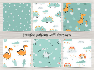 Wall Mural - Set of seamless patterns with cute dinosaurs