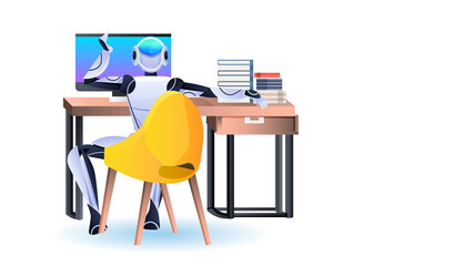 Poster - robot sitting at workplace robotic businessperson working in office artificial intelligence technolo