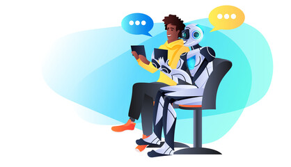 Poster - african american man discussing with robot chat bubble communication artificial intelligence technol