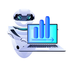 Poster - robot chatbot assistant analyzing financial statistic data on laptop screen artificial intelligence 