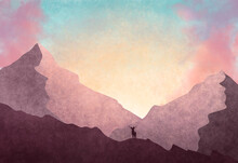 Watercolor Grunge Illustration Of Purple Mountains At Sunset With A Red Deer. Nature Background With Pink Clouds