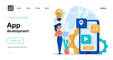 Poster - app development web concept. woman developer creates mobile application or program interface. templa