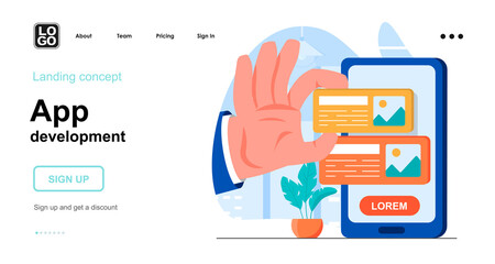 App development web concept. Developer creates application interface, develops smartphone software. Template of people scenes. Vector illustration with character activities in flat design for website