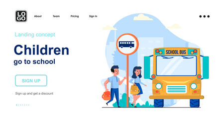 Leinwandbilder - Children go to school web concept. Pupils boy and girl rush to school bus. Students go to lessons. Template of people scenes. Vector illustration with character activities in flat design for website