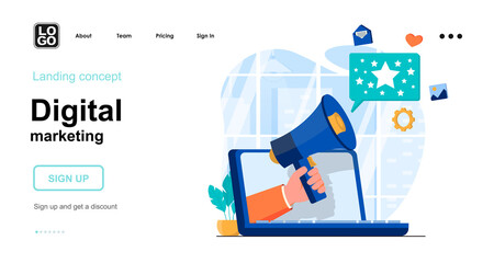 Digital marketing web concept. Advertising and promotion in social networks, attracting new clients. Template of people scenes. Vector illustration with character activities in flat design for website