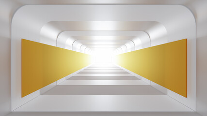 Poster - White and yellow neon tube lights glowing in floor room, 3d modern blank interior, Future background, business, sci-fi or science concept, Abstract modern architecture background. 3D rendering.