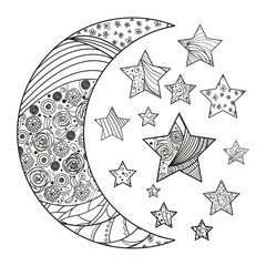 Wall Mural - Moon and stars with abstract patterns on isolation background. Design for spiritual relaxation for adults. Line art creation. Black and white illustration for anti stress colouring page. Print t-shirt