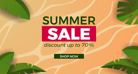 Wall Mural - Summer sale offer banner promotion with illustration of sand beach with tropical leaves frame