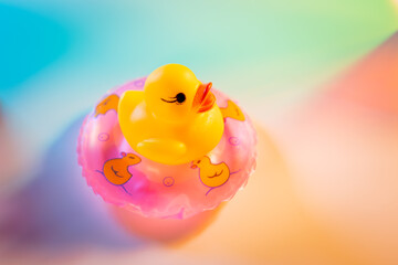 Wall Mural - Duck in the inflatable ring over neon abstract spectrum background. Summer trendy colorful concept.