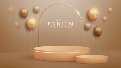 Wall Mural - Realistic brown color product podium with balloon and golden curve line sparkle. Luxury 3d style background concept. Vector illustration for promoting sales and marketing.